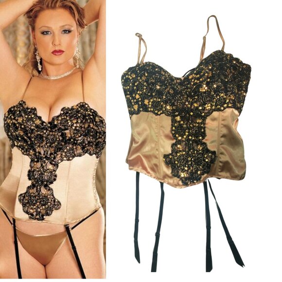 Gold Satin Bustier Corset with Black Lace & Sequins – NWT - Picture 1 of 12